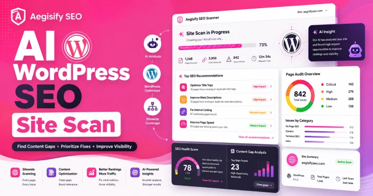A dashboard interface displaying an AI-powered SEO site scan report with performance metrics and optimization suggestions.